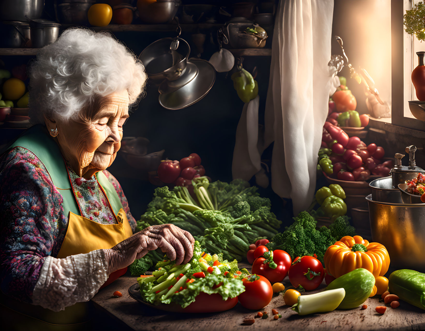 Elderly Woman Preparing Vegetables in Cozy Rustic Kitchen