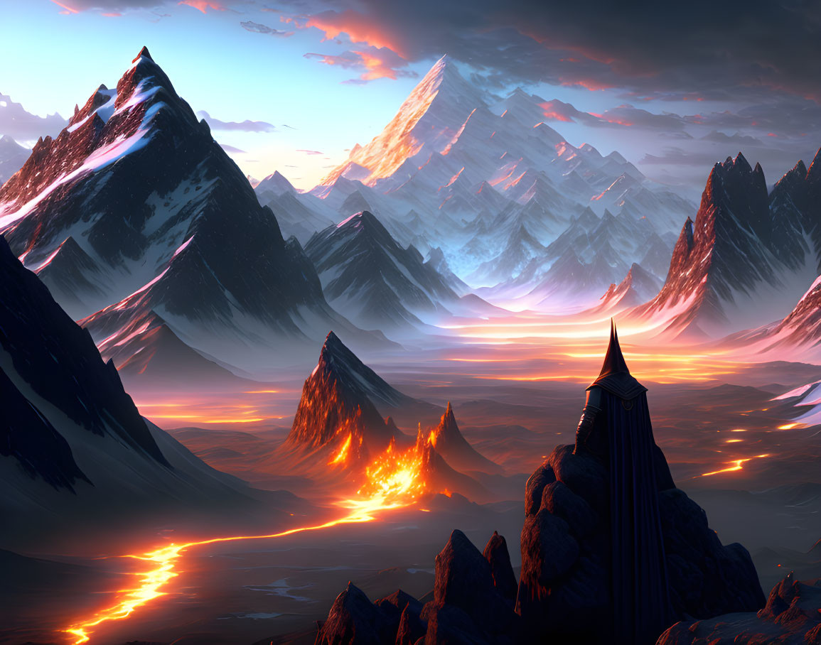 Fantastical landscape with towering mountains, lava river, vibrant sunset