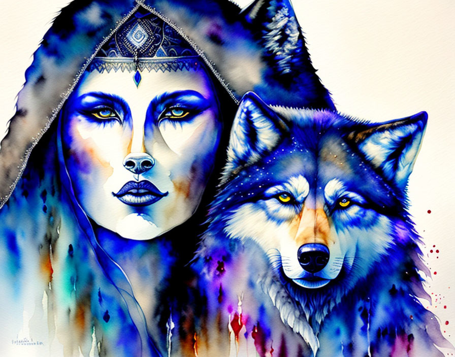 Colorful watercolor painting: Woman and wolf merge with tribal patterns and headdress motif