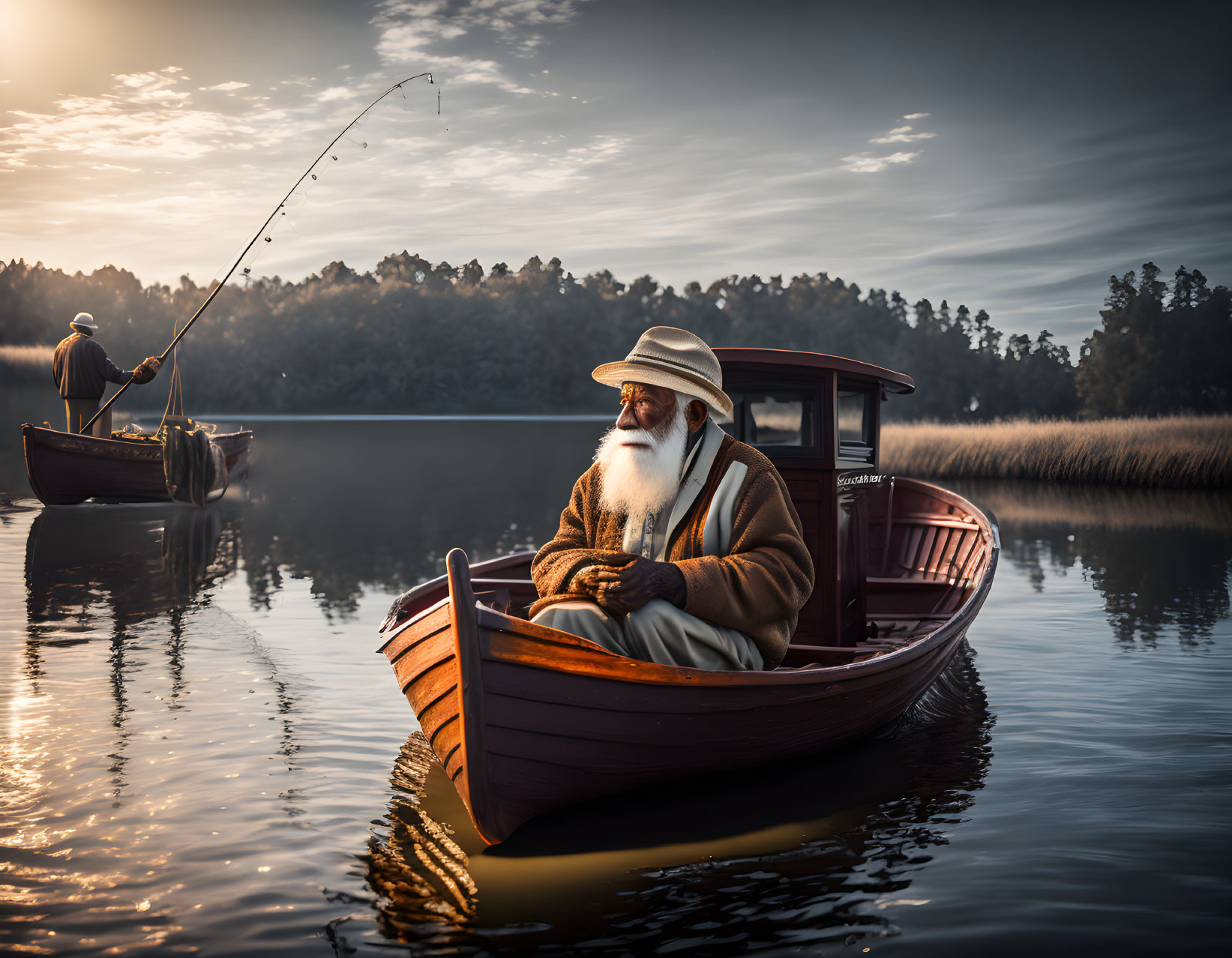 Bearded elderly man fishing in wooden boat at sunset