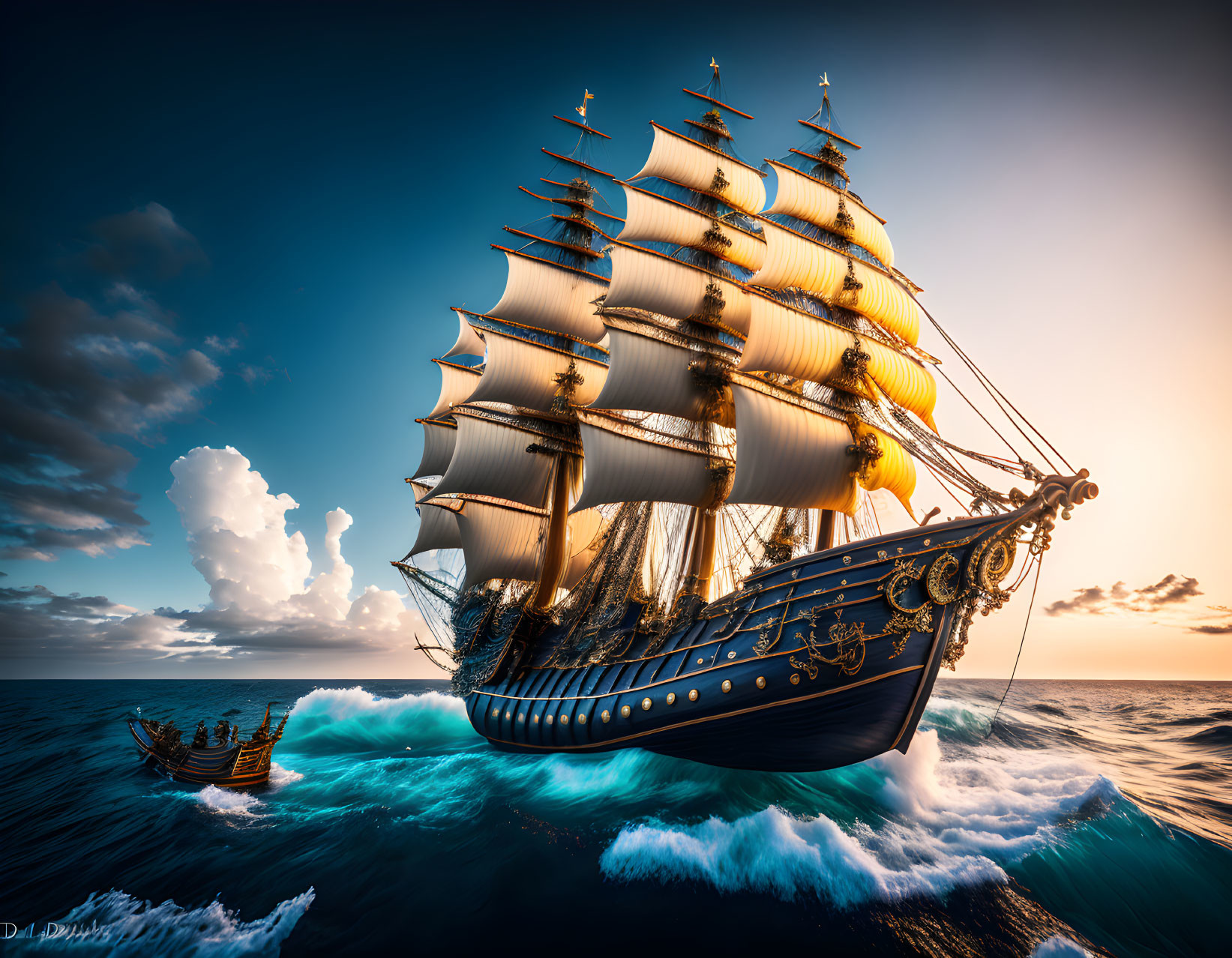 Tall ship with full sails at sunset on high seas