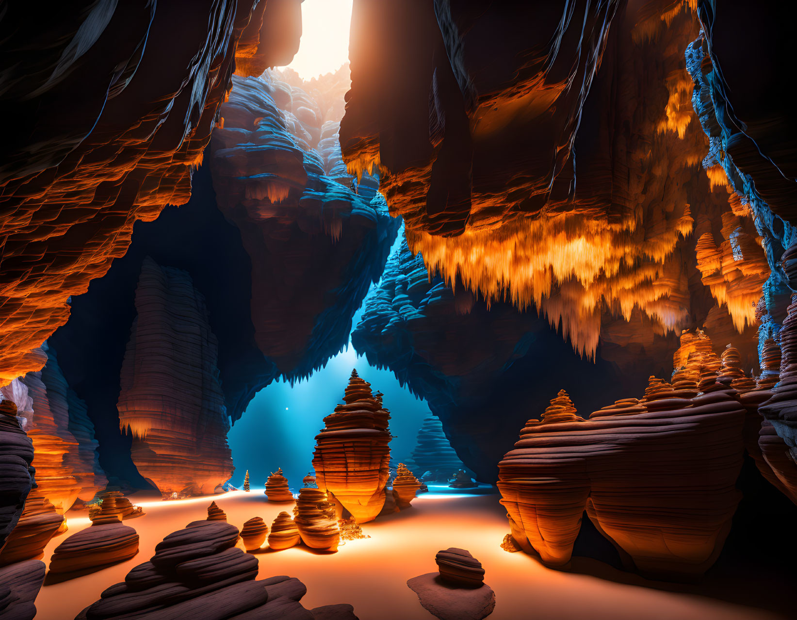 Majestic cave with orange walls, stalactites, stalagmites, and blue pool