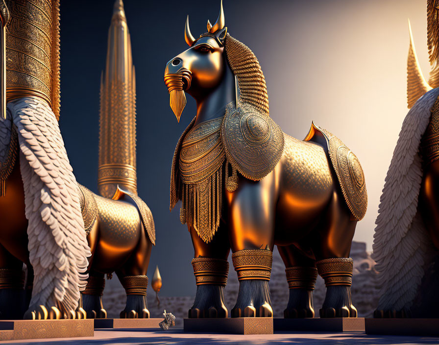 Majestic winged horse statue surrounded by armor-adorned figures