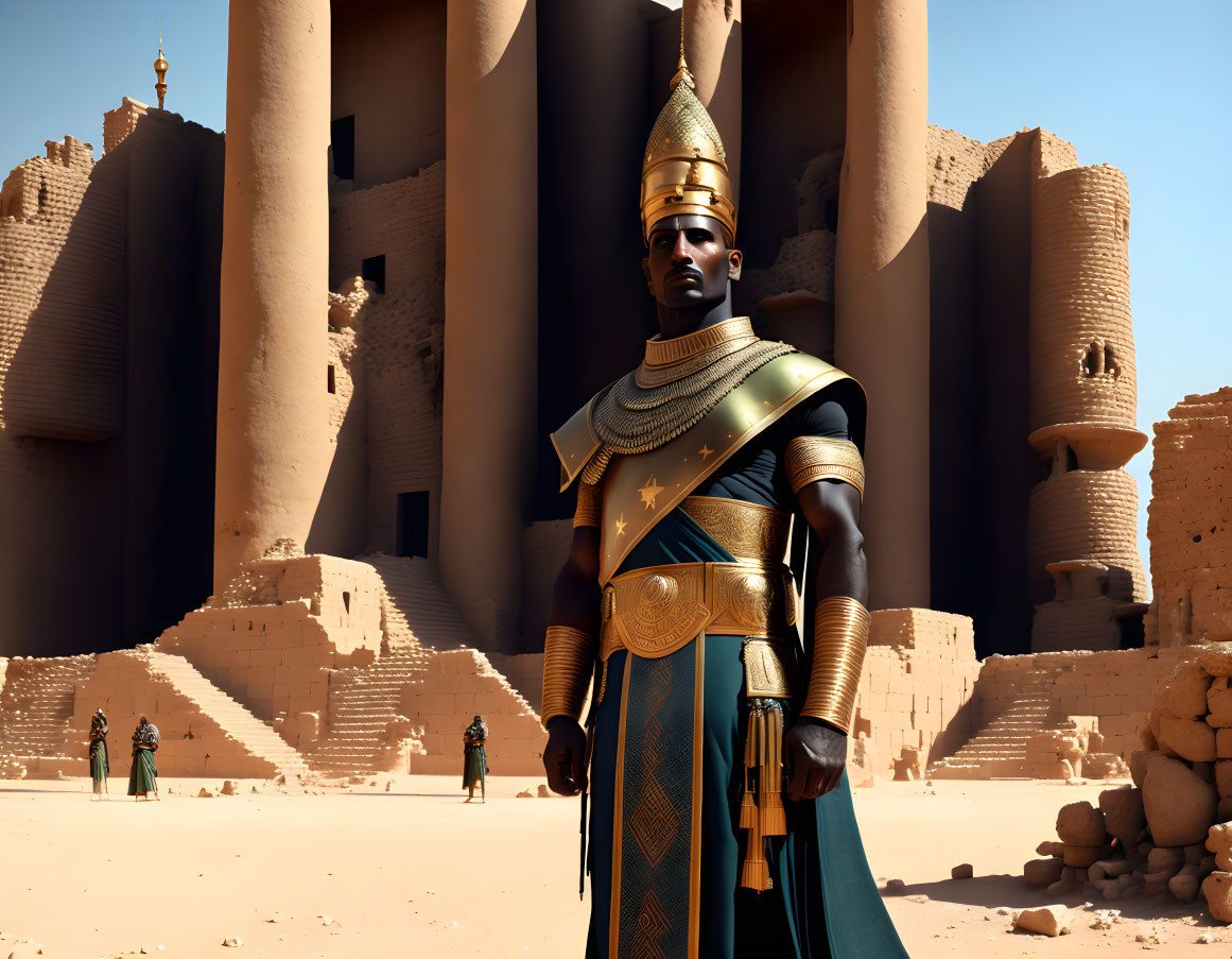 Golden-armored warrior at ancient fortress with green-robed figures