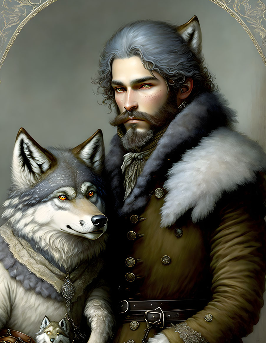 Silver-haired man and wolf exude nobility and strength side by side.