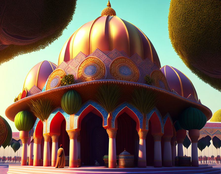 Colorful Palace with Domes, Arches, and Sunset Sky Character Approaching