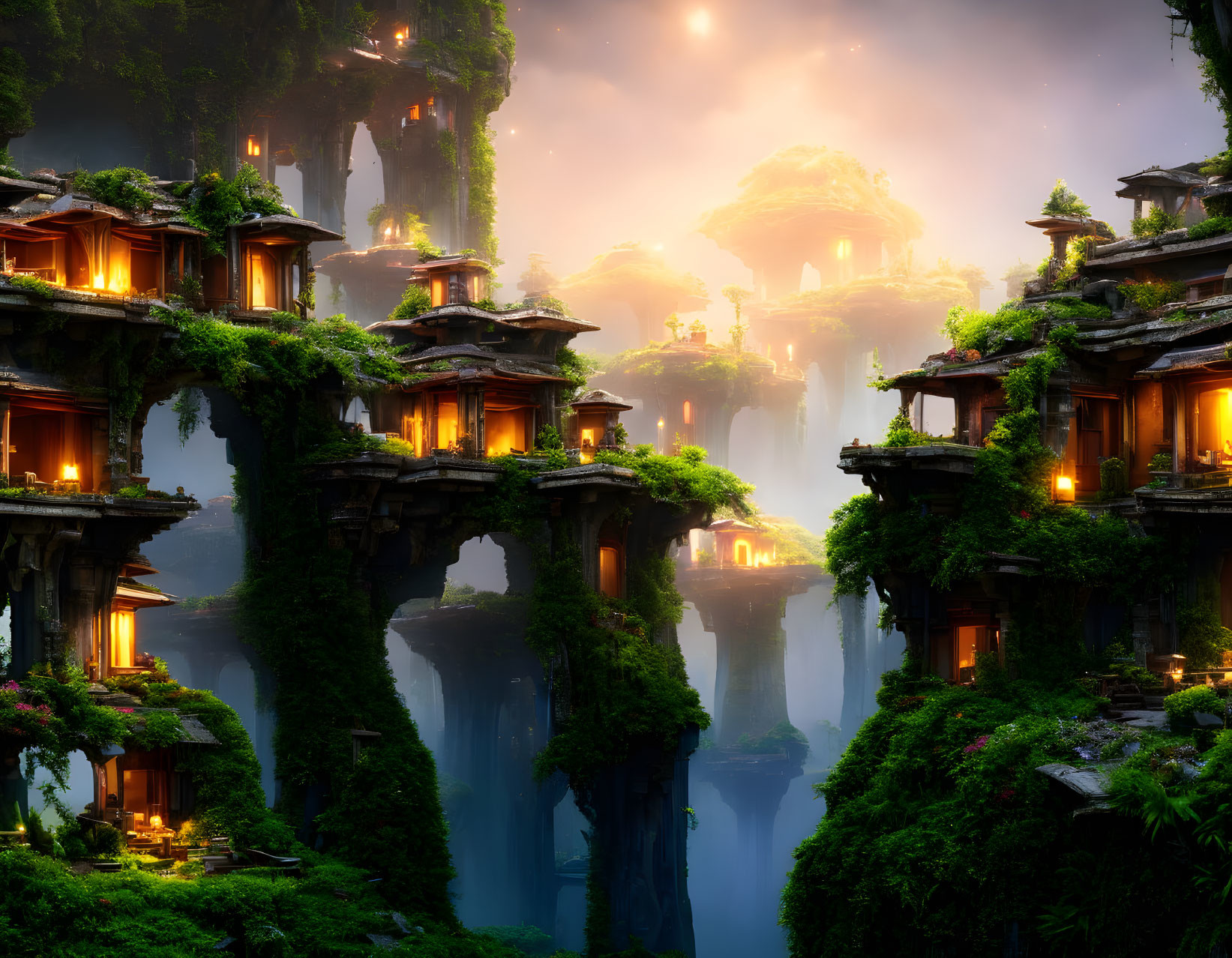 Ancient illuminated pavilions in mystical landscape