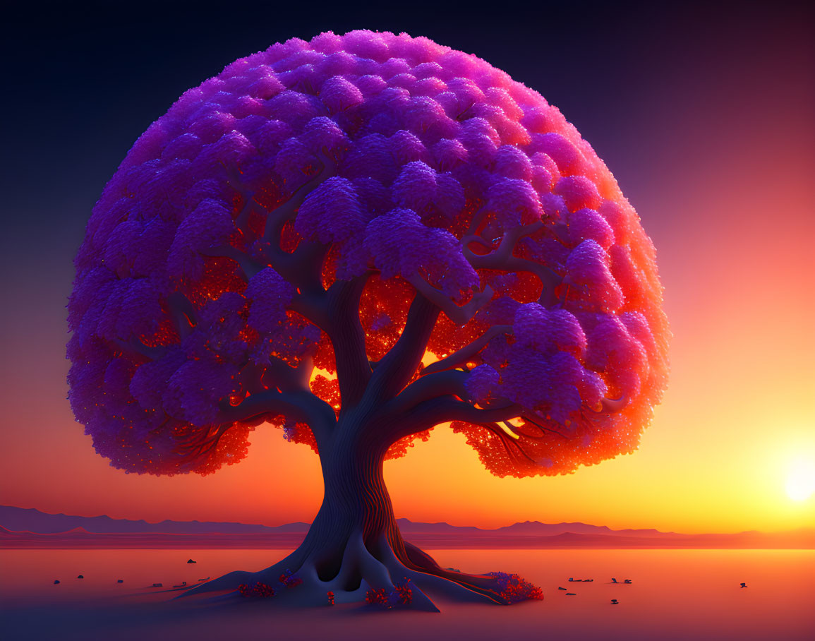 Surreal purple tree against orange and purple sunset