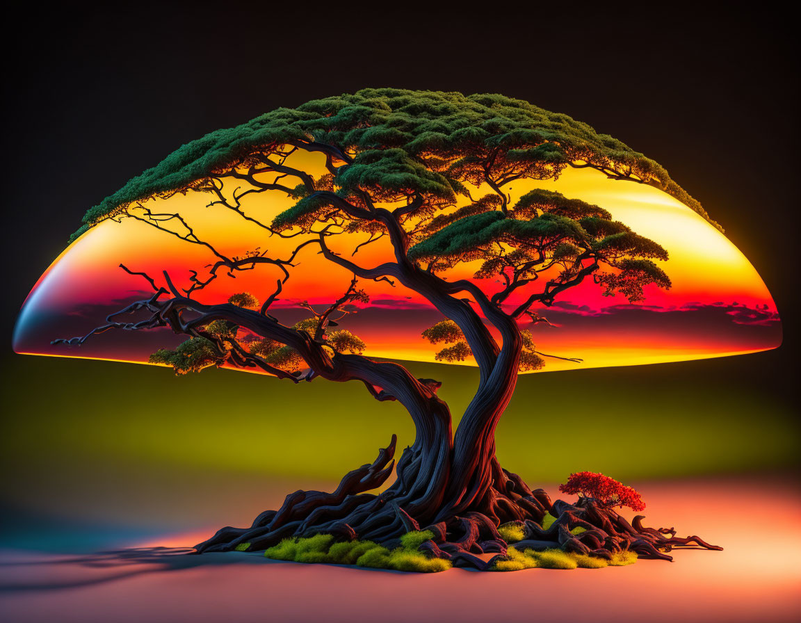 Stylized bonsai tree against vibrant sunset sky