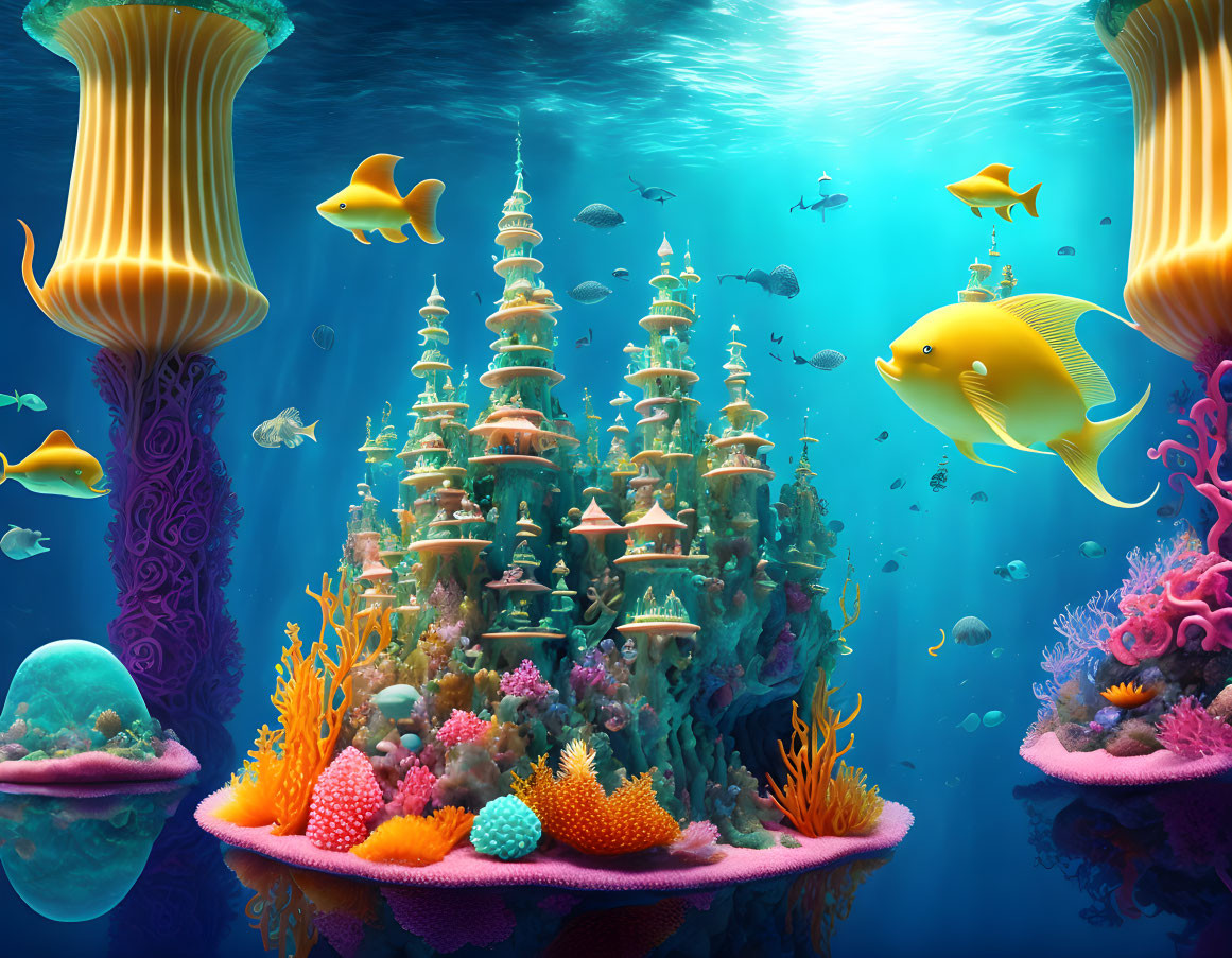 Colorful underwater scene with coral castle and marine life