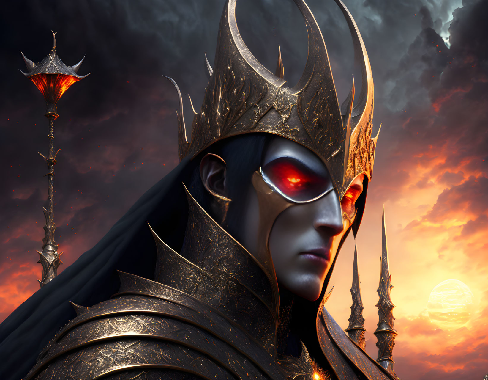 Digital artwork: Character with glowing red eyes, ornate armor, and crowned helmet under twin suns