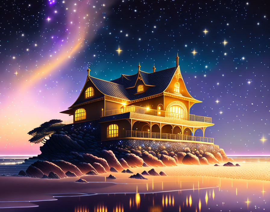 Traditional-style house on rocky beach under starry night sky with colorful galaxy reflected on water.