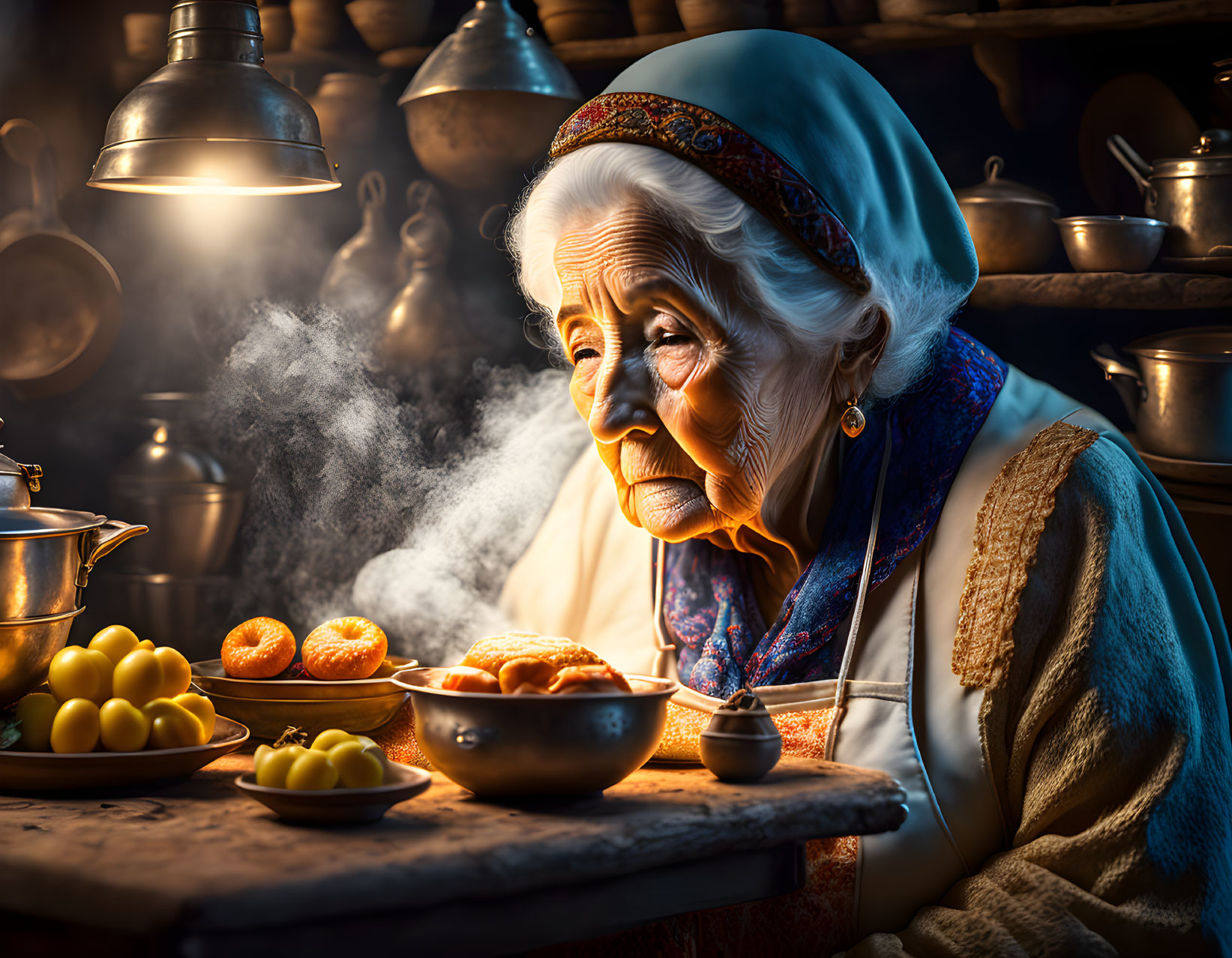 Elderly woman in headscarf in rustic kitchen with steam and citrus fruits