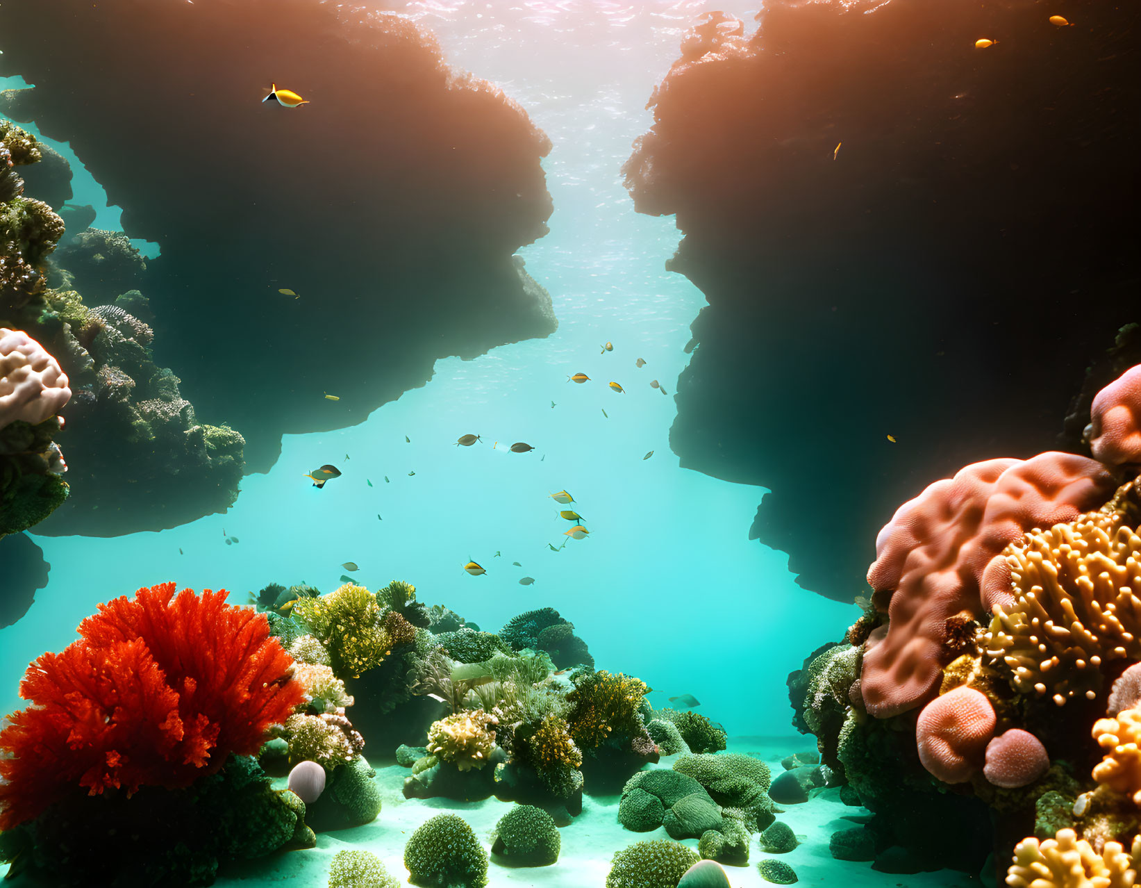 Diverse Coral Reef with Small Fish in Sunlit Underwater Scene