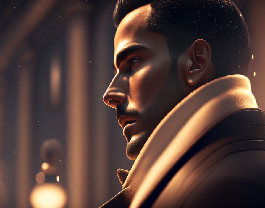 Stylized digital art portrait of a bearded man in a coat against evening cityscape