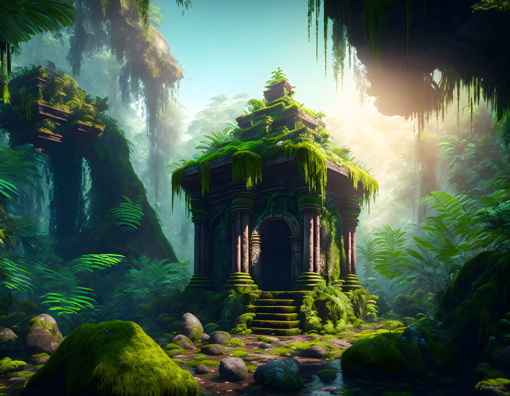 Ancient temple surrounded by moss and vines in lush jungle