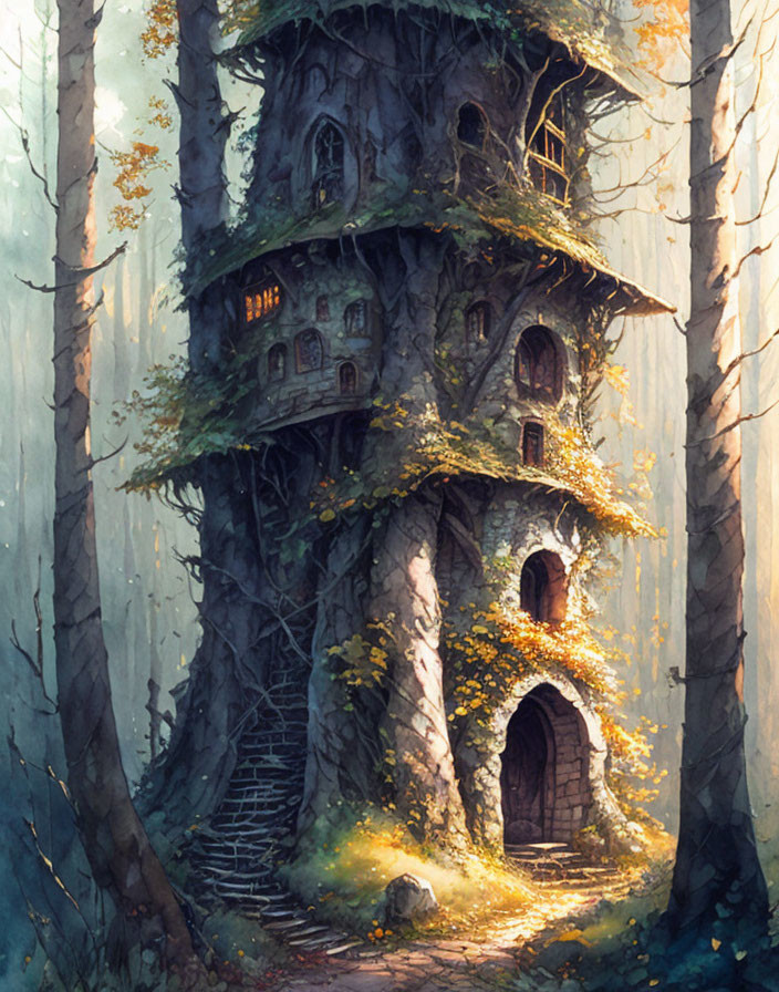 Serene forest treehouse with multiple windows