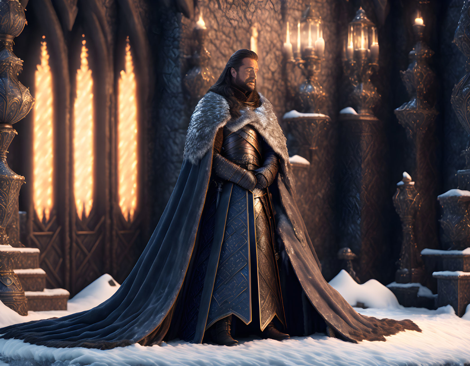 Regal figure in fur cloak in snow-covered throne room