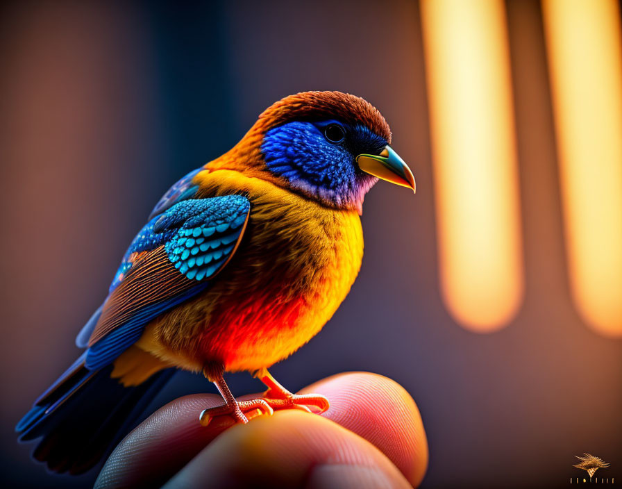 Colorful Bird Perched on Finger with Blurred Background