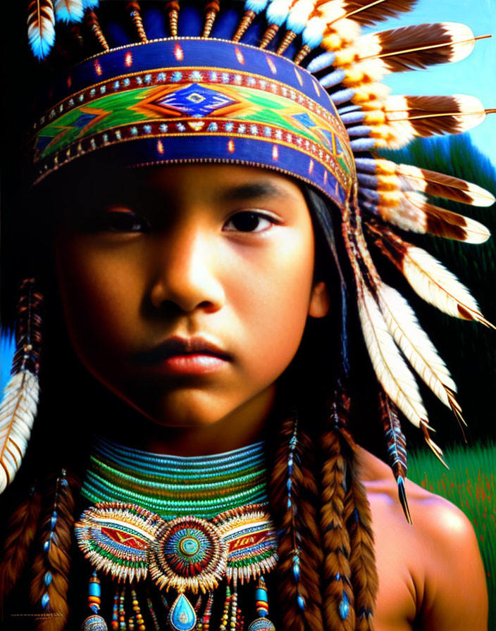 Native headdress adorned with feathers, beads, and vibrant colors on a young person.