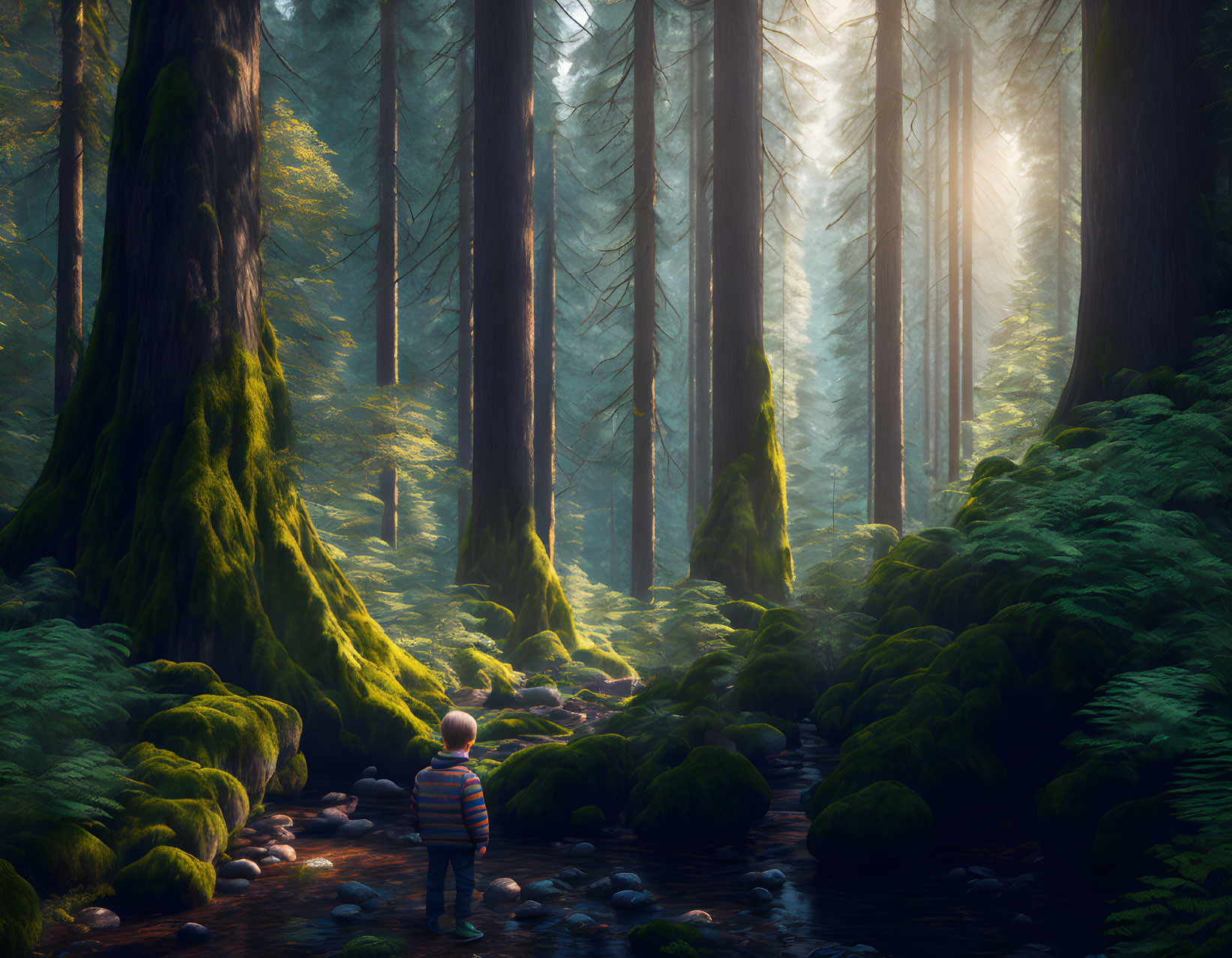 Person in Majestic Forest with Towering Trees and Sun Rays