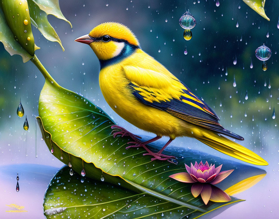 Colorful Bird on Leaf with Lotus Flower in Rainy Scene