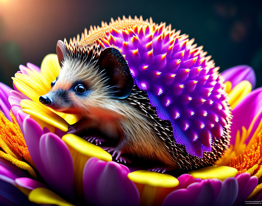 Colorful Digital Art: Neon Hedgehog on Blooming Flowers