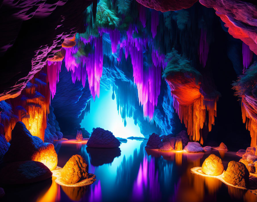 Majestic cave with blue and purple lighting and water reflections