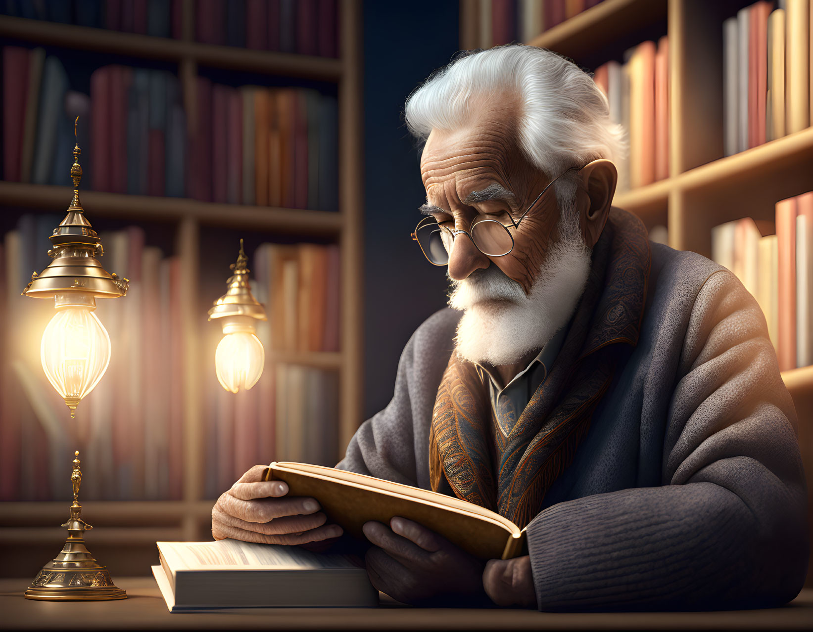 Elderly man reading book in library with hanging lanterns