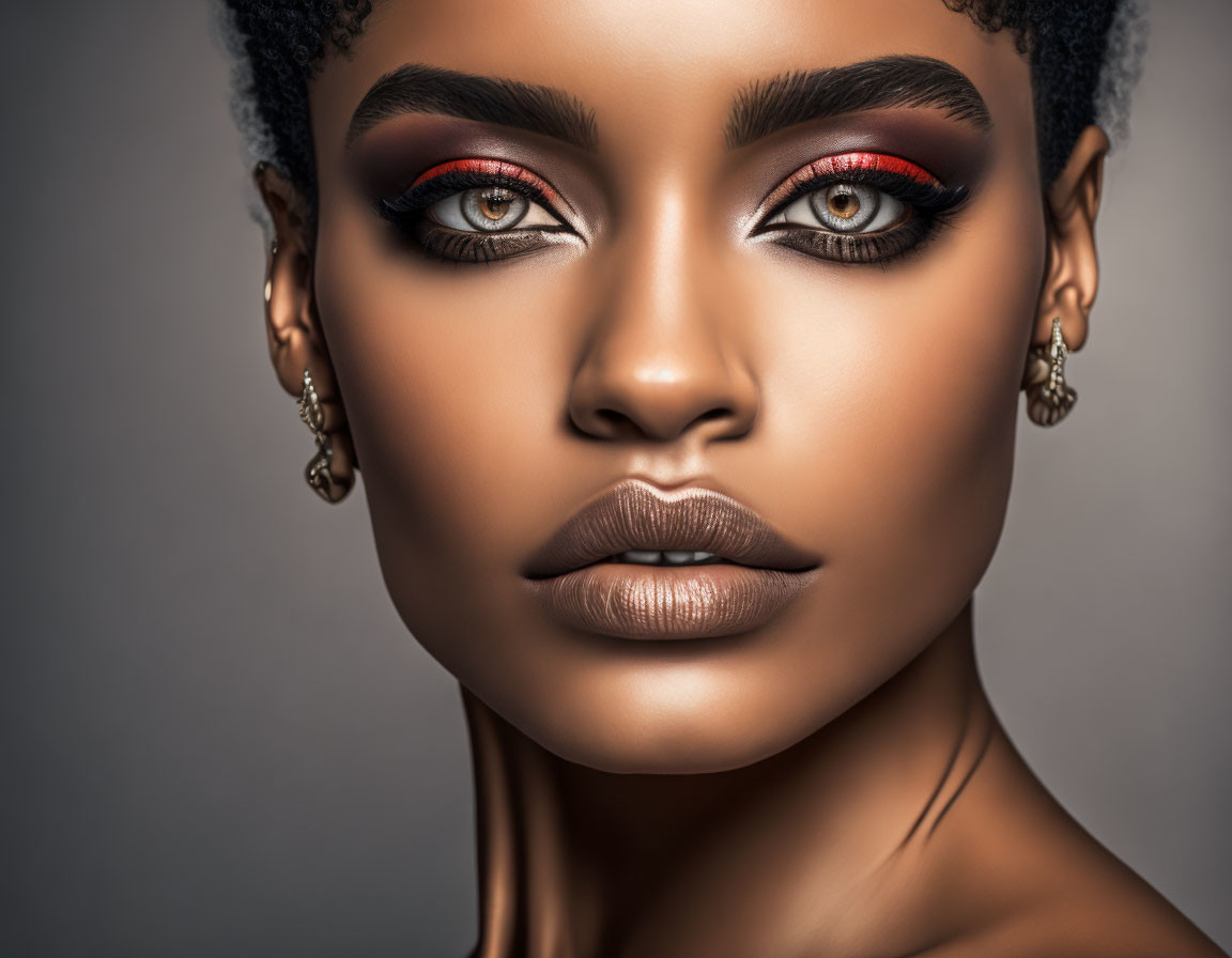 Close-up portrait of woman with striking makeup and dainty earrings