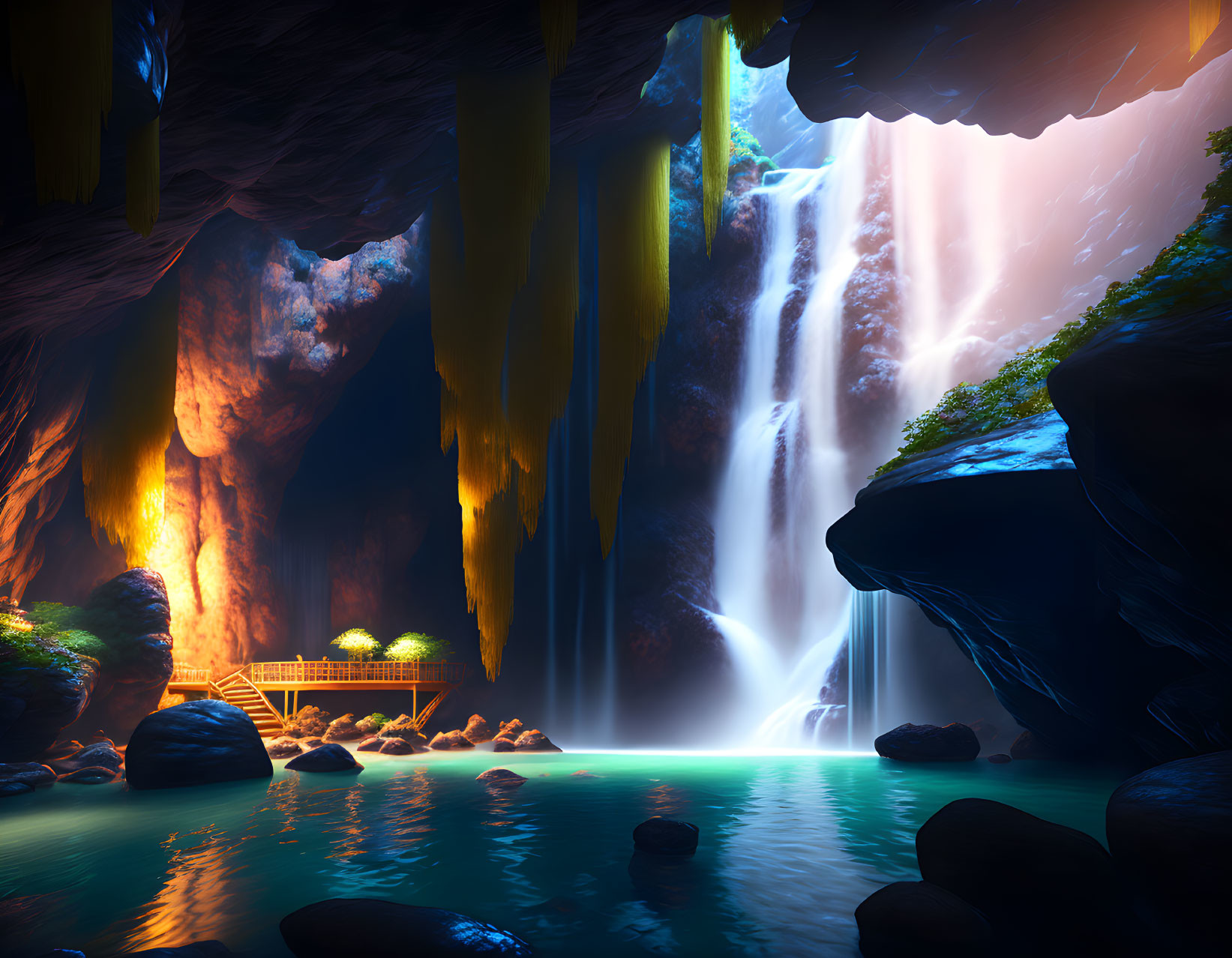 Tranquil underground cave with waterfall, blue pool & wooden walkway