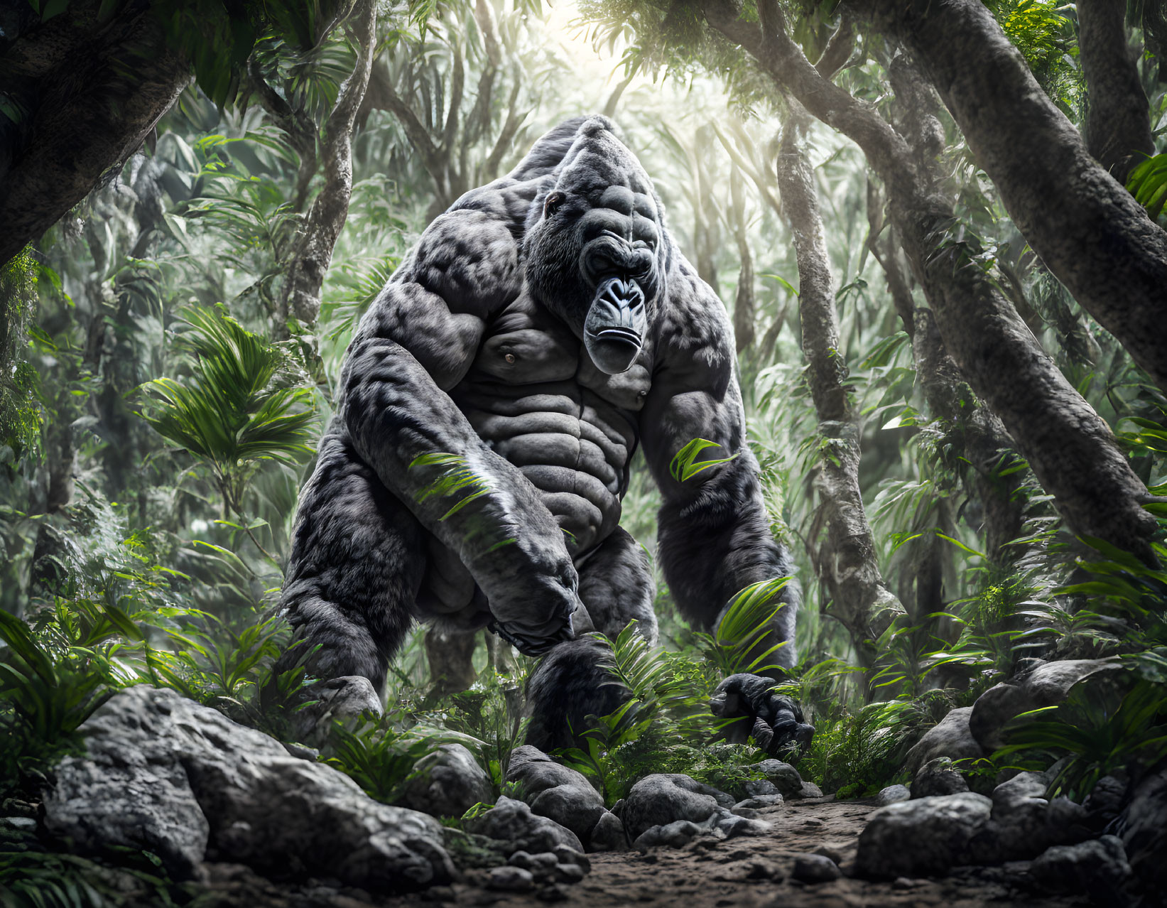 Muscular silverback gorilla in misty forest exudes strength.