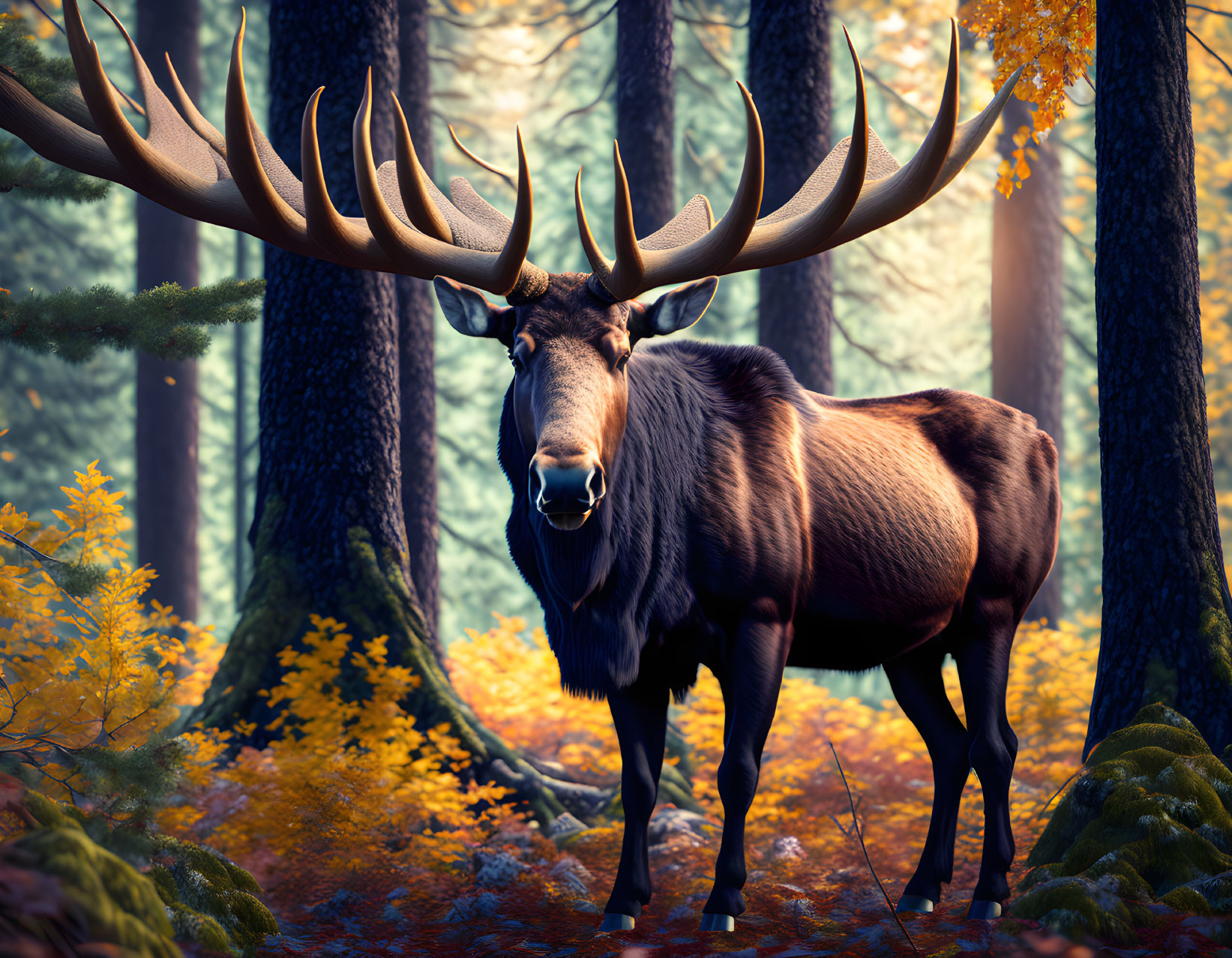 Majestic elk with large antlers in autumn forest landscape