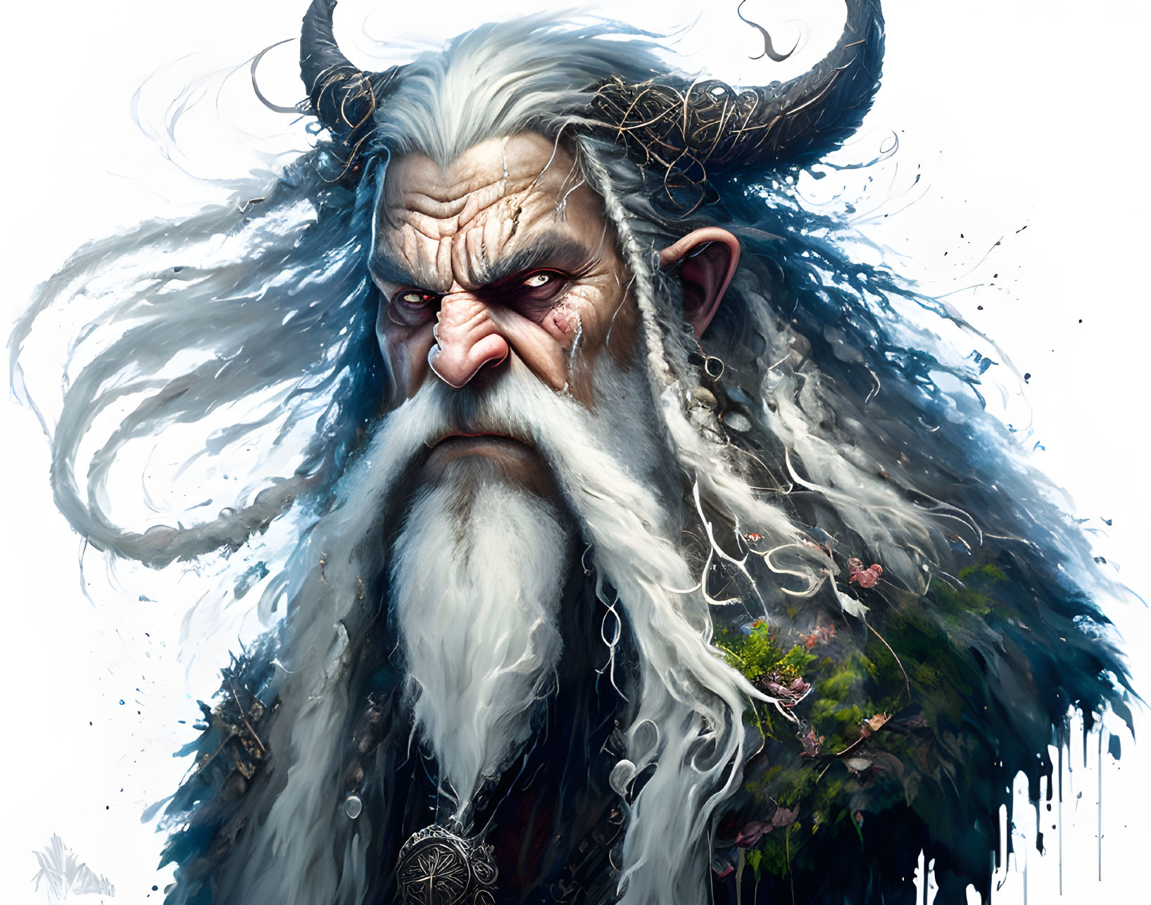 Fantasy character with large horns and white beard in pendant necklace