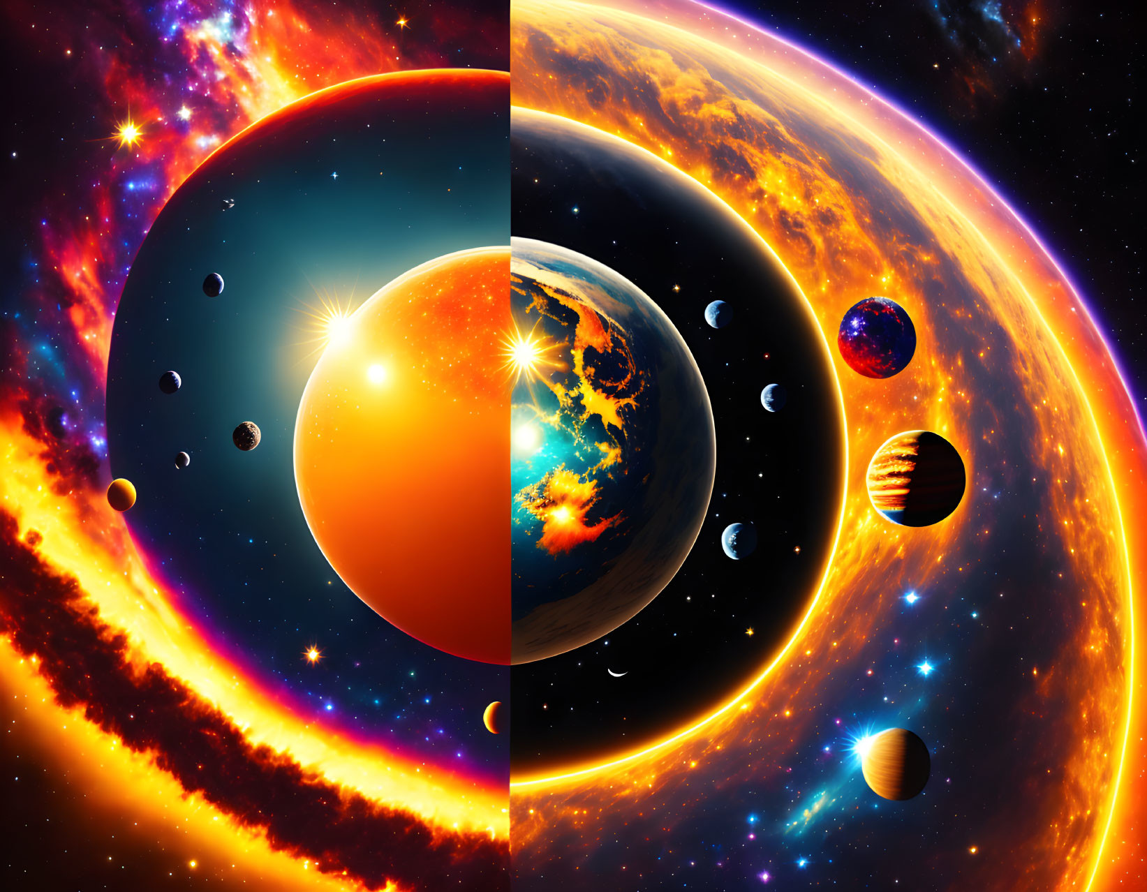 Colorful Cosmic Digital Artwork Featuring Planetary Bodies