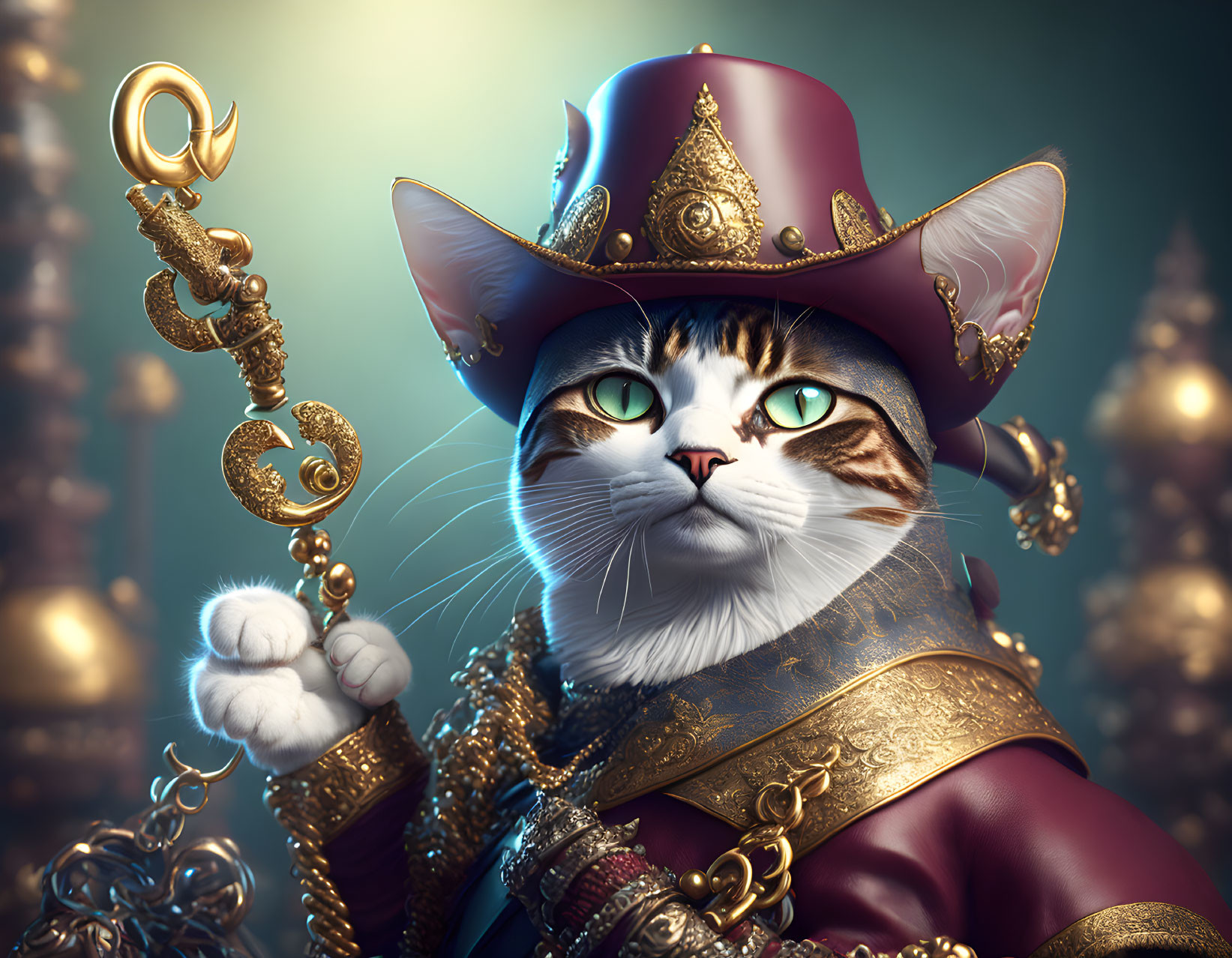 Regal anthropomorphic cat in ornate attire with golden scepter and jewelry on treasure backdrop