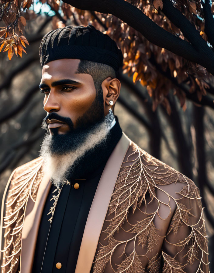 Fashionable man with beard and blazer under autumn trees