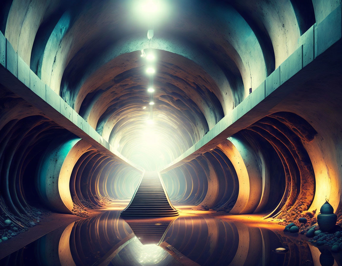 Symmetrical circular tunnel with reflective water and central stairway illuminated by hanging lights