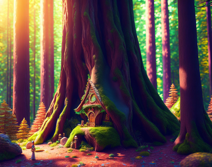 Enchanting forest scene with tiny cottage in tree trunk