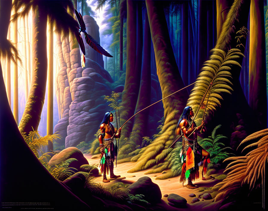 Traditional attire individuals in lush forest with spear.