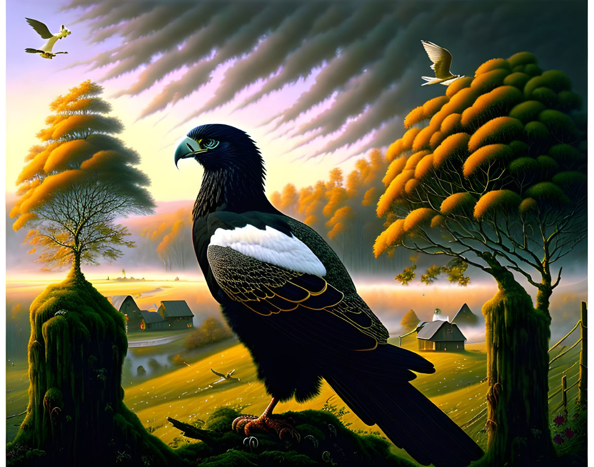 Majestic eagle in vibrant landscape with orange trees and countryside homes