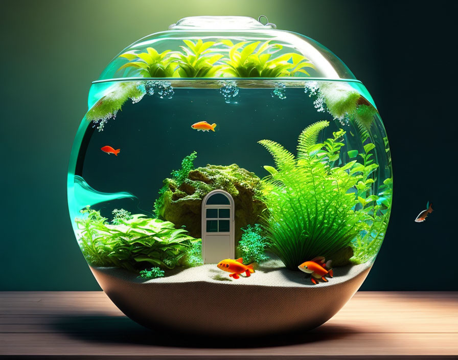 Colorful Fishbowl with Plants, Coral, Goldfish, Miniature Door on Wooden Surface