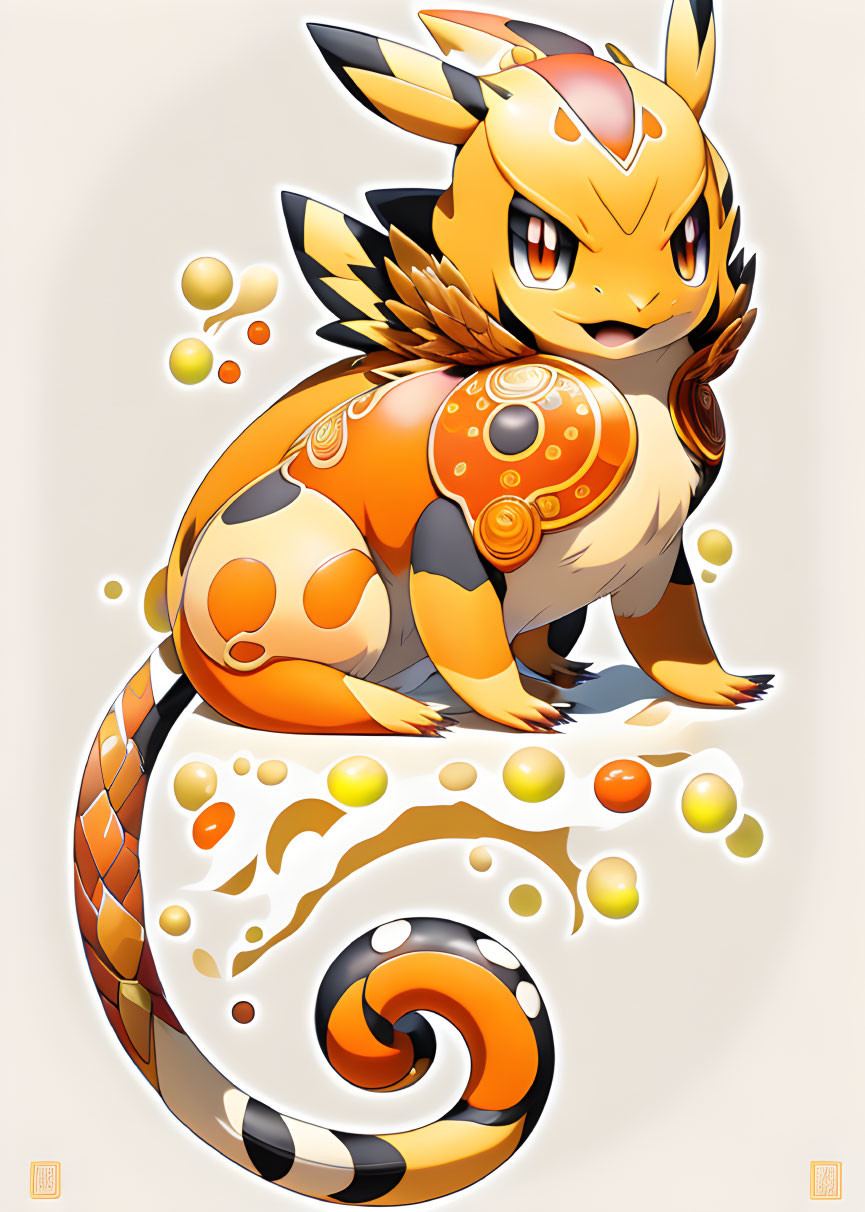 Stylized orange and cream Pokémon with swirl patterns and spherical accents