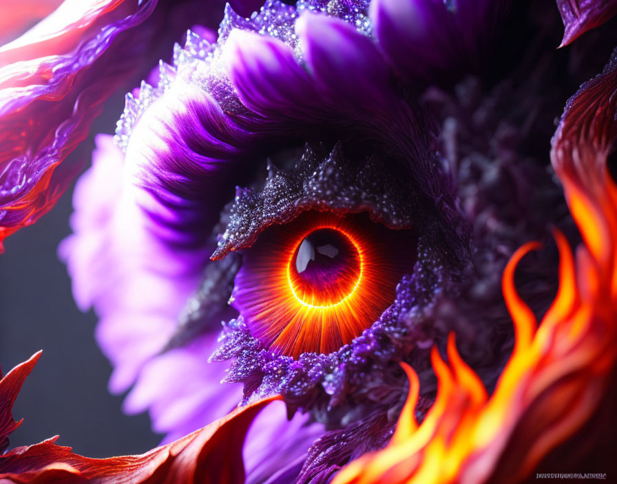 Close-up of fantastical eye with purple petals and fiery orange elements