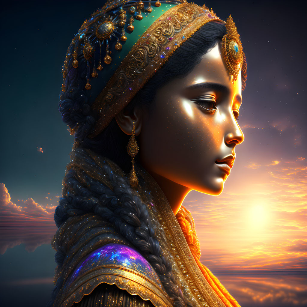 Woman with embellished headgear and jewelry gazing at sunset sky