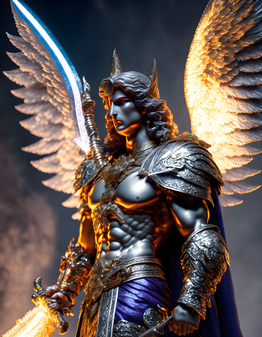 Armored angelic warrior figurine with glowing blue sword against dark backdrop