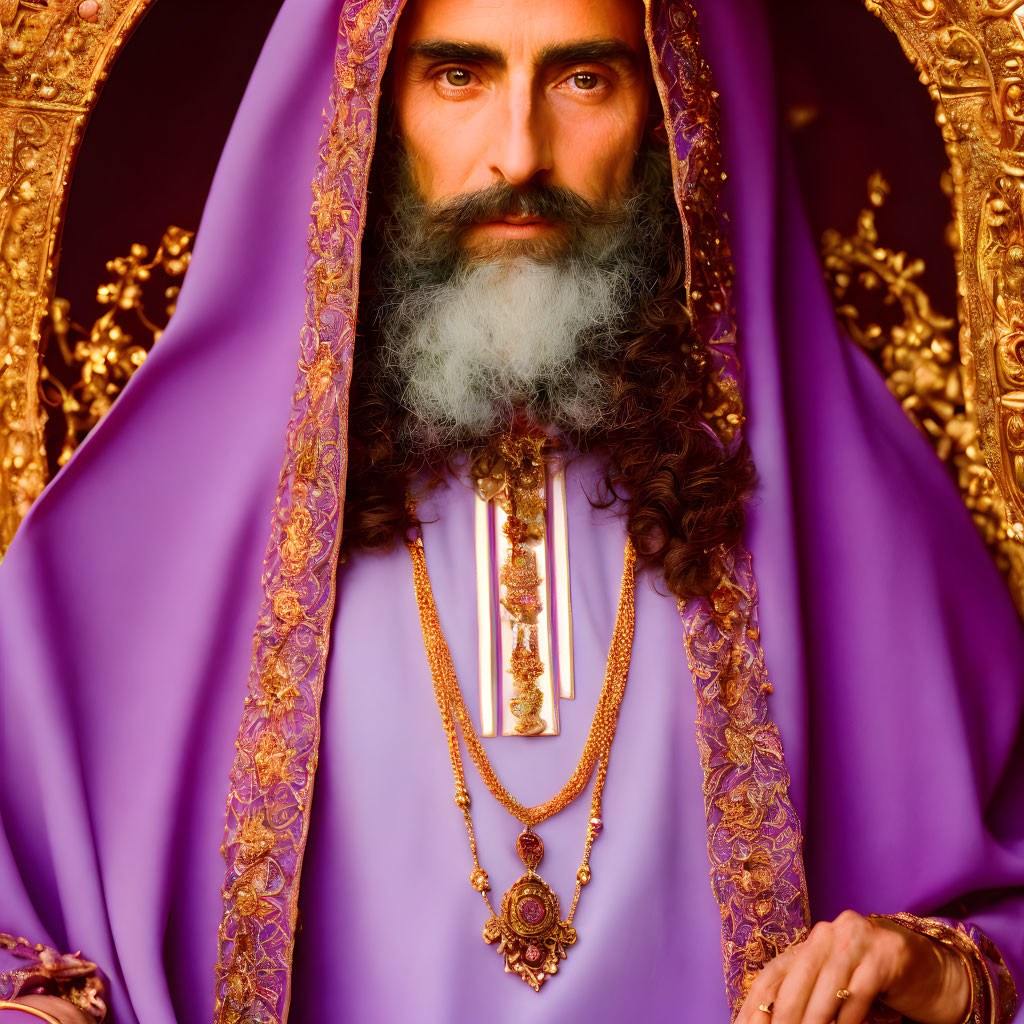 Bearded man in purple and gold robe under golden arch