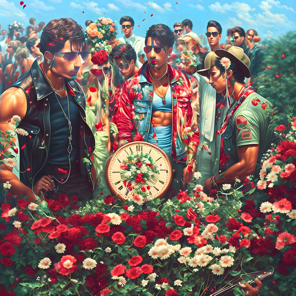 Colorful Artwork: Stylized Figures in Trendy Attire Among Red Flowers