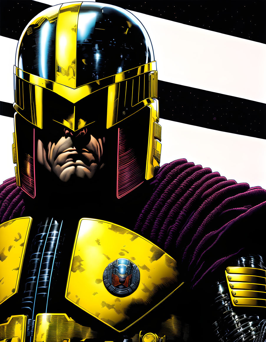 Character in Yellow and Black Helmet and Armor in Cosmic Setting with White Stripes