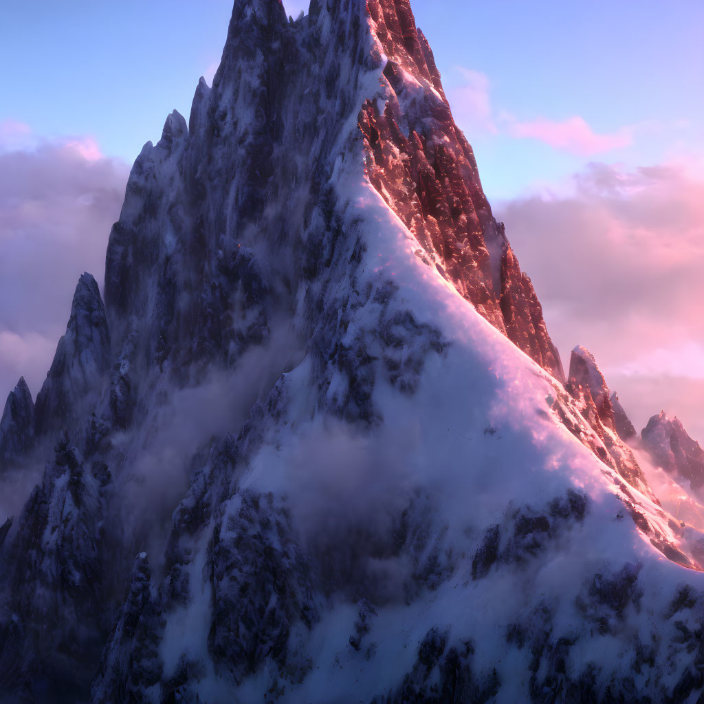 Majestic snow-covered mountain peaks at sunset.